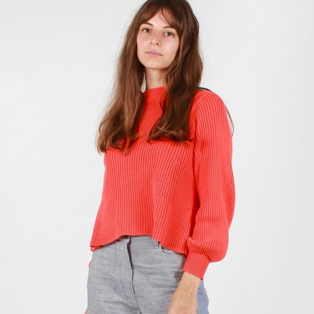 L.F. MARKEY Benji Cotton Ribbed Knit Crew Neck Sweater in Tangerine - US 2